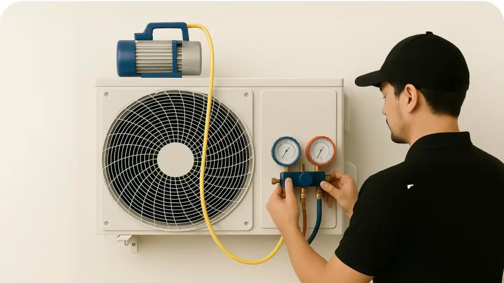 Technician refilling AC Gas Filling in Tirupati using proper tools